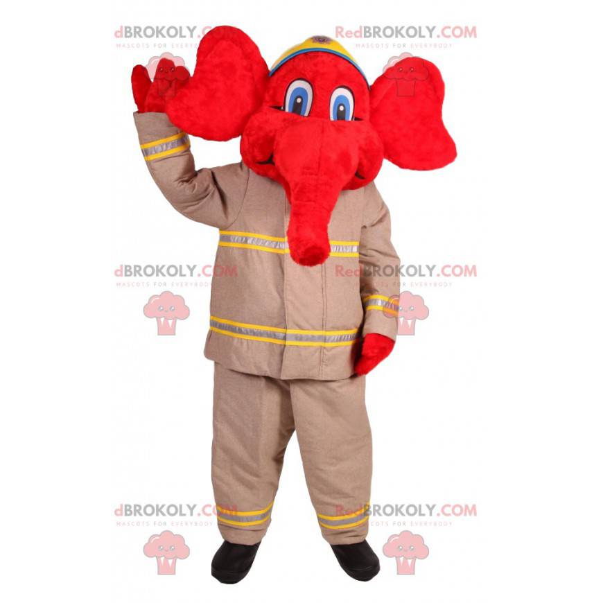 Mascotte elefante rosso in abito da vigile del fuoco -