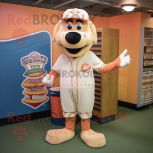 Peach Hot Dogs mascot costume character dressed with a Henley Shirt and Caps