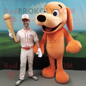 Peach Hot Dogs mascot costume character dressed with a Henley Shirt and Caps