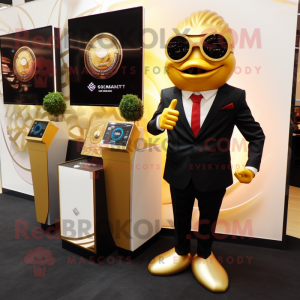 Gold Aglet mascot costume character dressed with a Suit Jacket and Smartwatches