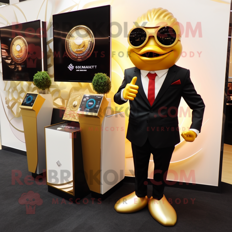 Gold Aglet mascot costume character dressed with a Suit Jacket and Smartwatches