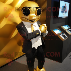 Gold Aglet mascot costume character dressed with a Suit Jacket and Smartwatches