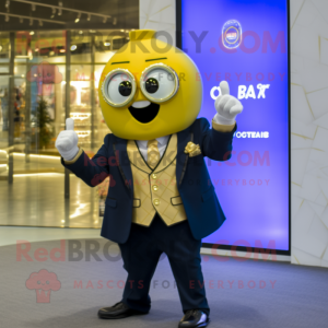 Gold Aglet mascot costume character dressed with a Suit Jacket and Smartwatches