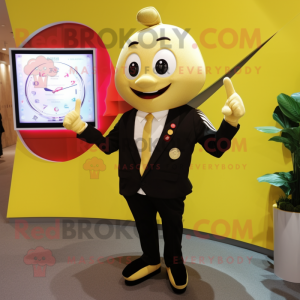 Gold Aglet mascot costume character dressed with a Suit Jacket and Smartwatches