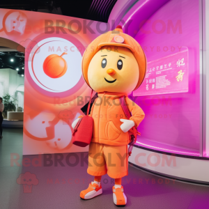 Pink Mandarin mascot costume character dressed with a Bodysuit and Handbags