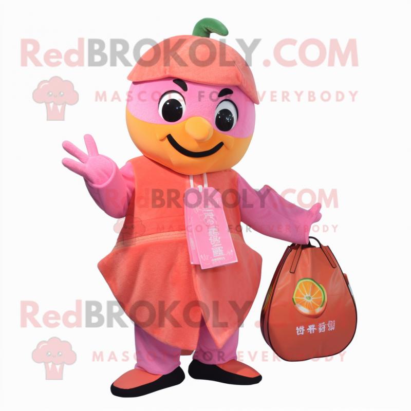 Pink Mandarin mascot costume character dressed with a Bodysuit and Handbags