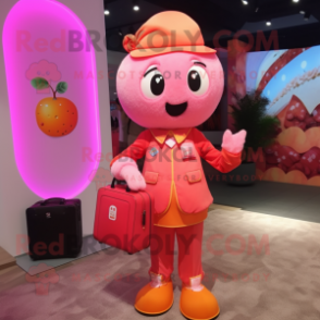 Pink Mandarin mascot costume character dressed with a Bodysuit and Handbags