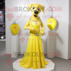 Lemon Yellow Dog mascot costume character dressed with a Evening Gown and Necklaces