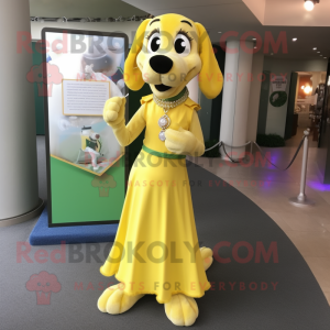 Lemon Yellow Dog mascot costume character dressed with a Evening Gown and Necklaces