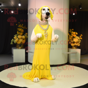 Lemon Yellow Dog mascot costume character dressed with a Evening Gown and Necklaces