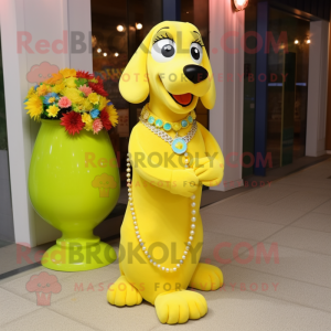 Lemon Yellow Dog mascot costume character dressed with a Evening Gown and Necklaces