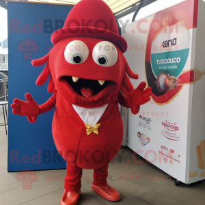 Red Ceviche mascot costume character dressed with a Suit and Earrings