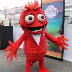 Red Ceviche mascot costume character dressed with a Suit and Earrings