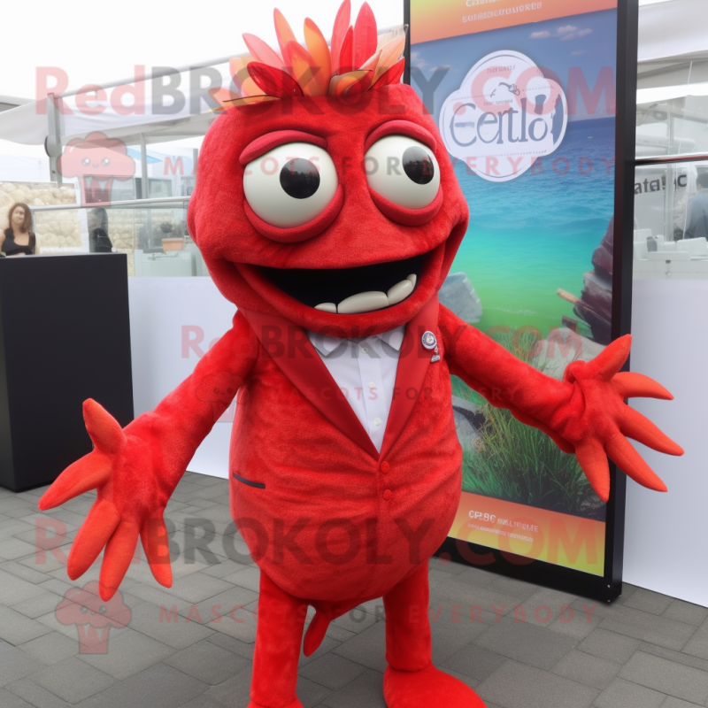 Red Ceviche mascot costume character dressed with a Suit and Earrings Red Ceviche mascot costume character dressed with a Suit and Earrings