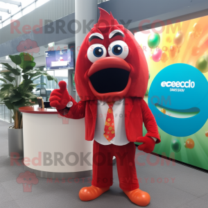Red Ceviche mascot costume character dressed with a Suit and Earrings