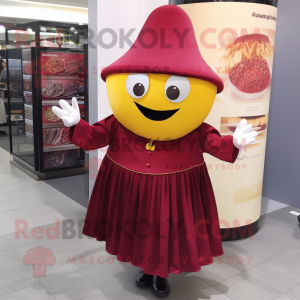 Maroon Lemon mascot costume character dressed with a Pleated Skirt and Caps