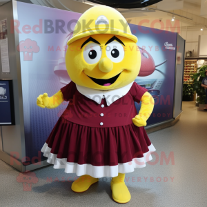 Maroon Lemon mascot costume character dressed with a Pleated Skirt and Caps