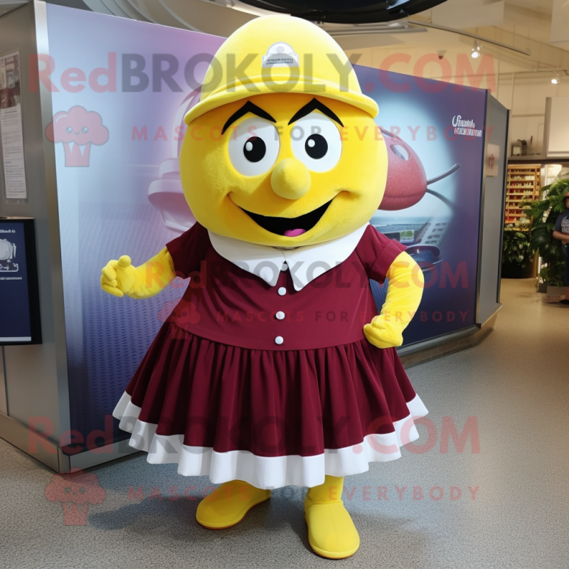 Maroon Lemon mascot costume character dressed with a Pleated Skirt and Caps Maroon Lemon mascot costume character dressed with a Pleated Skirt and Caps