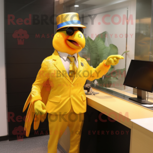 Gold Parrot mascot costume character dressed with a Suit Pants and Caps