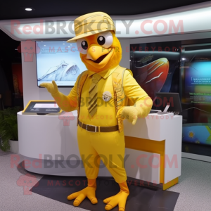 Gold Parrot mascot costume character dressed with a Suit Pants and Caps