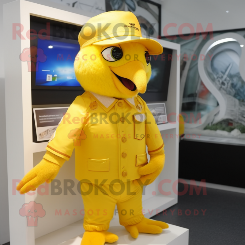 Gold Parrot mascot costume character dressed with a Suit Pants and Caps Gold Parrot mascot costume character dressed with a Suit Pants and Caps