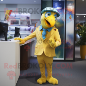 Gold Parrot mascot costume character dressed with a Suit Pants and Caps