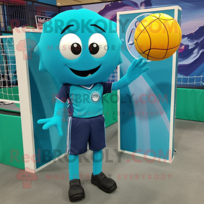 Turquoise Volleyball Net mascot costume character dressed with a Dress Pants and Lapel pins Turquoise Volleyball Net mascot costume character dressed with a Dress Pants and Lapel pins