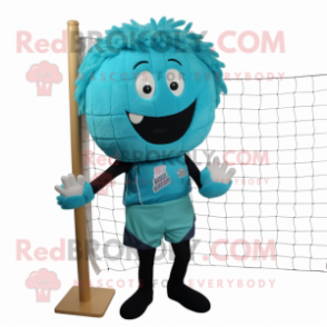 Turquoise Volleyball Net mascot costume character dressed with a Dress Pants and Lapel pins