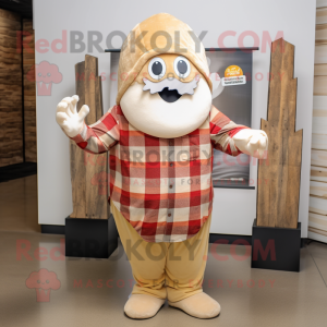 Beige Shakshuka mascot costume character dressed with a Flannel Shirt and Caps