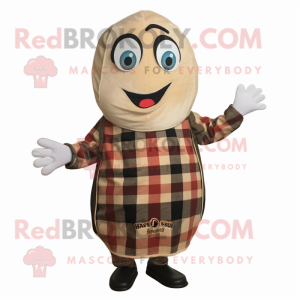 Beige Shakshuka mascot costume character dressed with a Flannel Shirt and Caps
