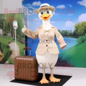 Beige Geese mascot costume character dressed with a Maxi Dress and Briefcases