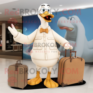 Beige Geese mascot costume character dressed with a Maxi Dress and Briefcases