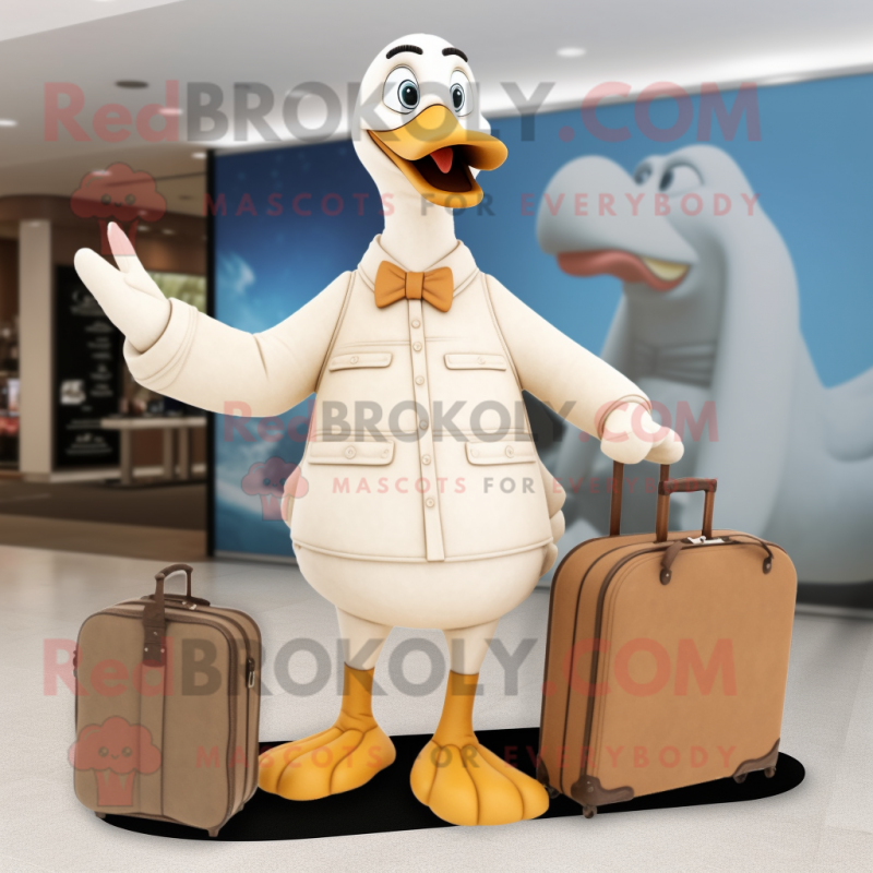 Beige Geese mascot costume character dressed with a Maxi Dress and Briefcases Beige Geese mascot costume character dressed with a Maxi Dress and Briefcases