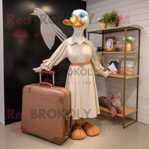 Beige Geese mascot costume character dressed with a Maxi Dress and Briefcases