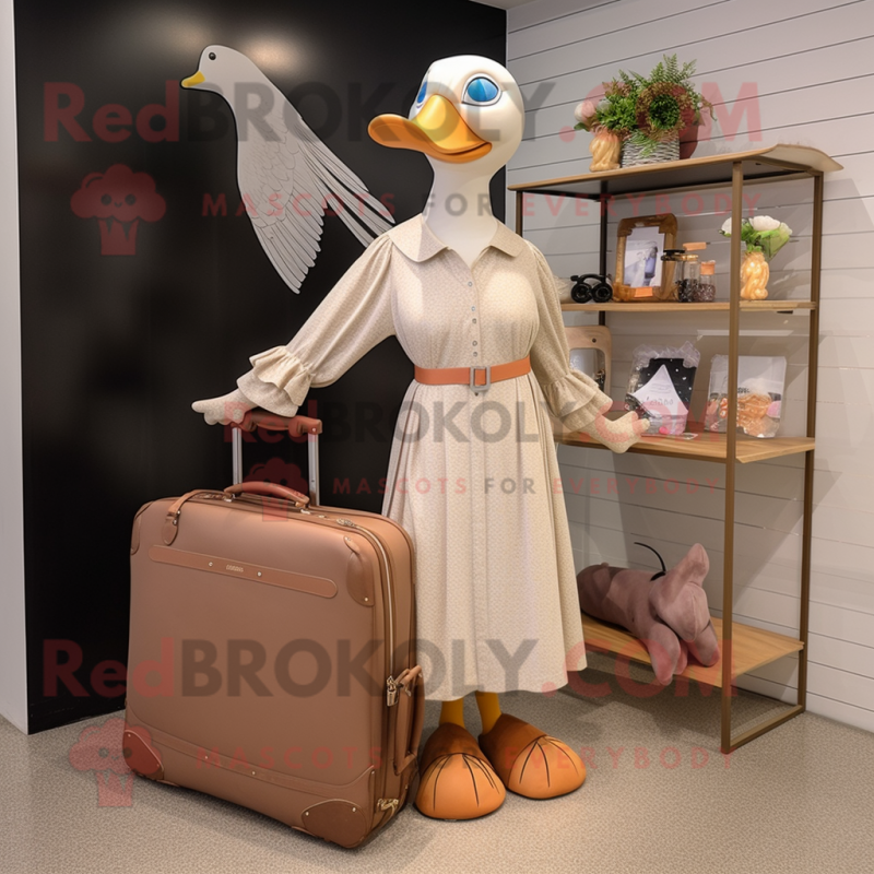 Beige Geese mascot costume character dressed with a Maxi Dress and Briefcases Beige Geese mascot costume character dressed with a Maxi Dress and Briefcases