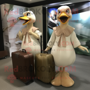 Beige Geese mascot costume character dressed with a Maxi Dress and Briefcases