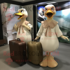 Beige Geese mascot costume character dressed with a Maxi Dress and Briefcases