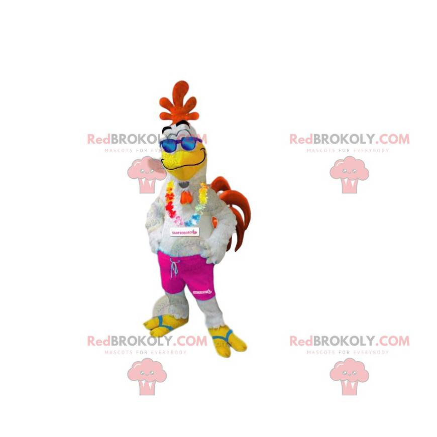 Mascotte de coq coloré et souriant, avec son collier hawaïen -