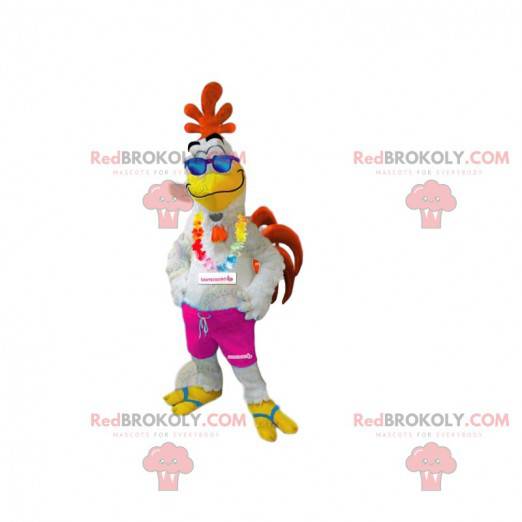 Mascotte de coq coloré et souriant, avec son collier hawaïen -