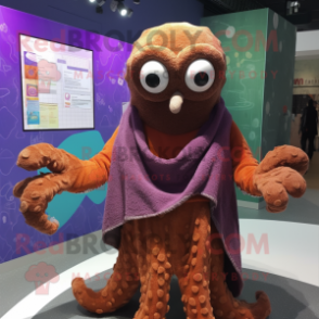 Brown Octopus mascot costume character dressed with a Cardigan and Wraps