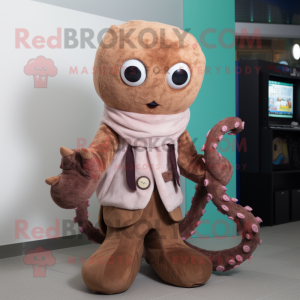 Brown Octopus mascot costume character dressed with a Cardigan and Wraps