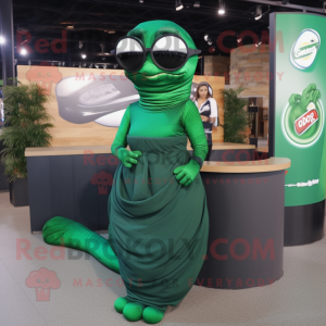 Forest Green Titanoboa mascot costume character dressed with a Wrap Skirt and Eyeglasses