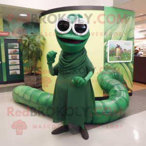 Forest Green Titanoboa mascot costume character dressed with a Wrap Skirt and Eyeglasses