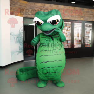 Forest Green Titanoboa mascot costume character dressed with a Wrap Skirt and Eyeglasses