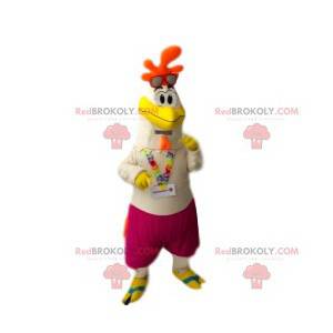 Mascota de gallo colorida y sonriente, con su collar hawaiano -