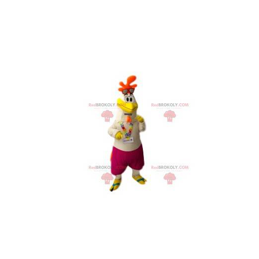 Rooster mascot colorful and smiling, with his Hawaiian collar -