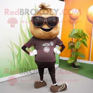Brown Onion mascot costume character dressed with a Yoga Pants and Sunglasses