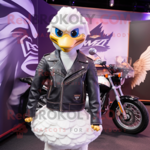 nan Swan mascot costume character dressed with a Biker Jacket and Brooches