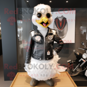 nan Swan mascot costume character dressed with a Biker Jacket and Brooches