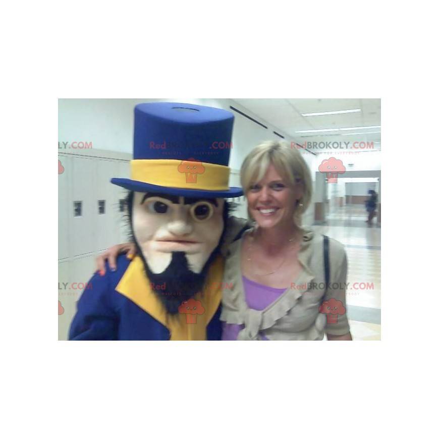 Bearded man mascot dressed in a blue and yellow suit -